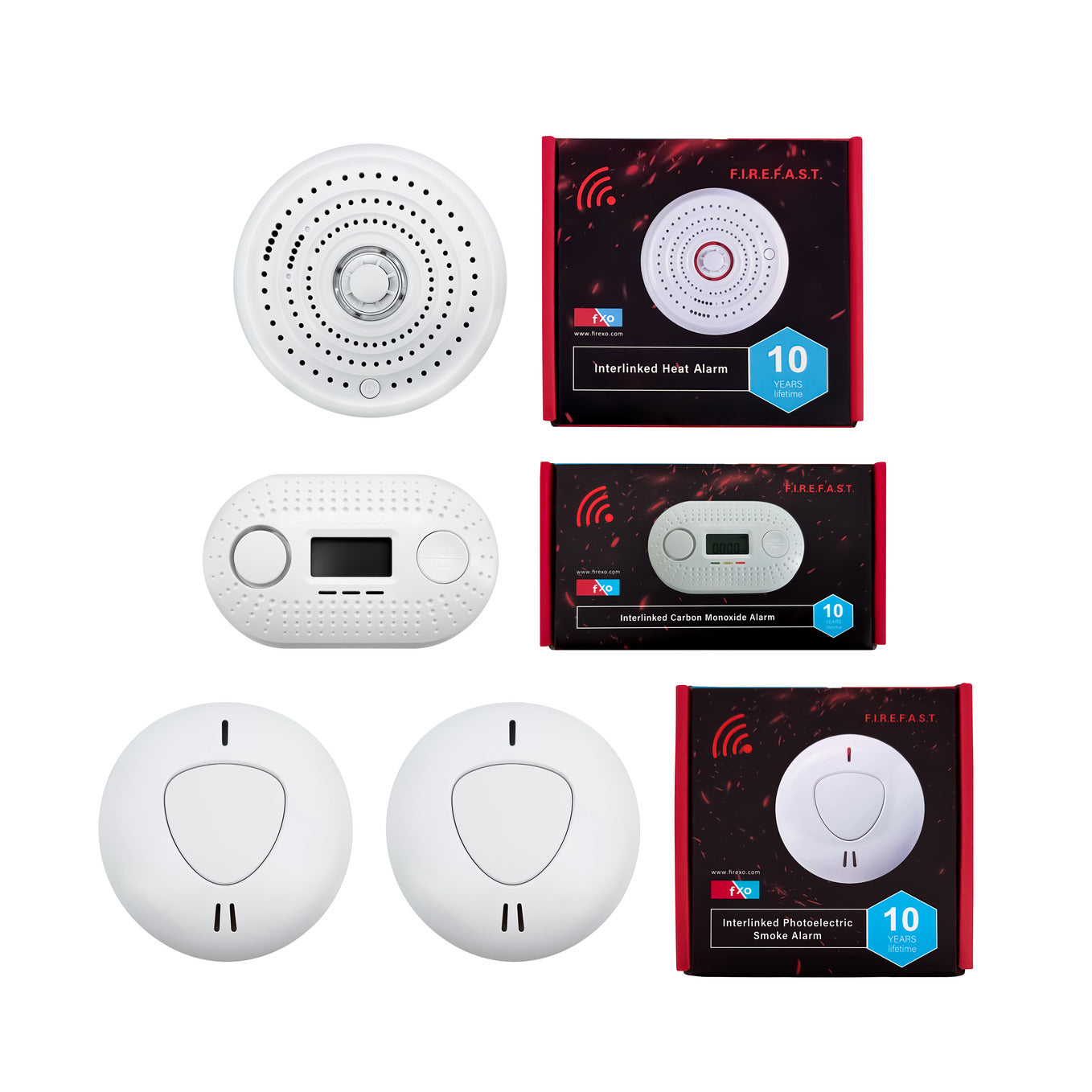Firexo 4 Unit Interlinked Optical Smoke Alarm, Heat Alarm, and Carbon Monoxide Alarm Multipack with 10 Year Tamper Proof Battery, White. 2x Smoke Alarm, 1x Heat Alarm, 1x Carbon Monoxide alarm