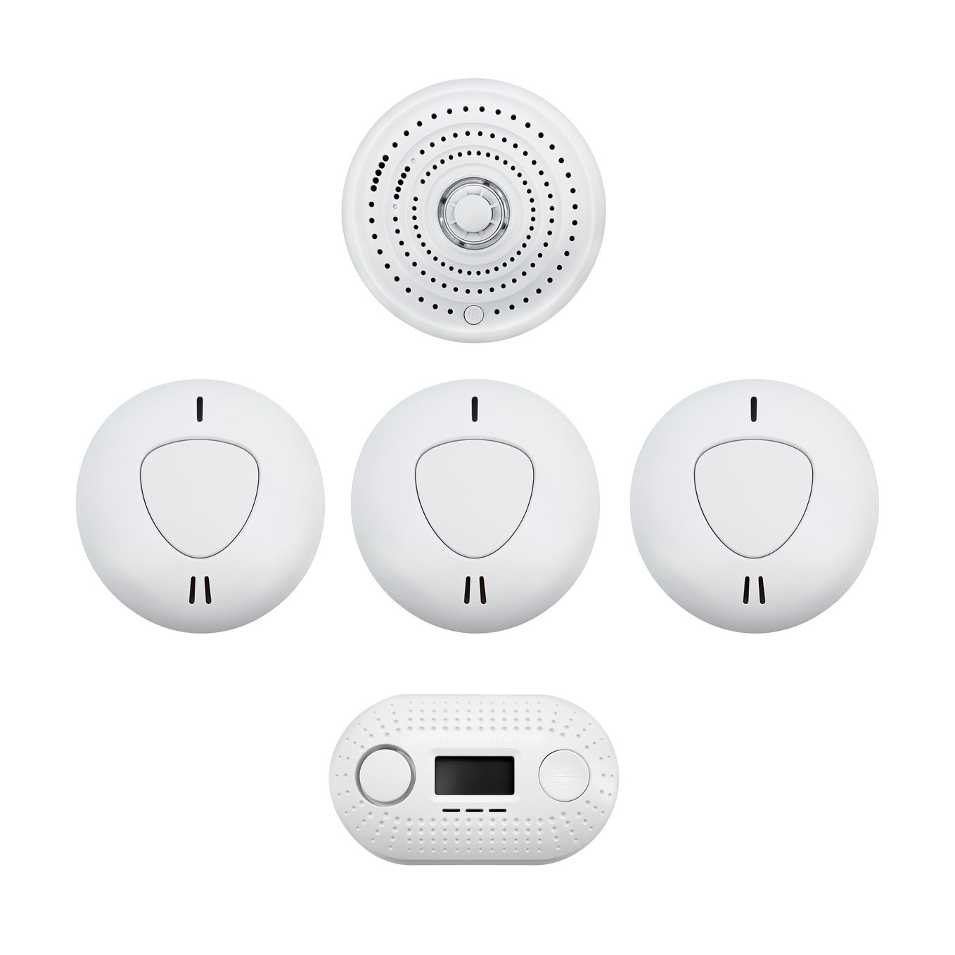 Firexo 5 Unit Interlinked Optical Smoke Alarm, Heat Alarm, and Carbon Monoxide Alarm Multipack with 10 Year Tamper Proof Battery, White. 3x Smoke Alarm, 1x Heat Alarm, 1x Carbon Monoxide alarm