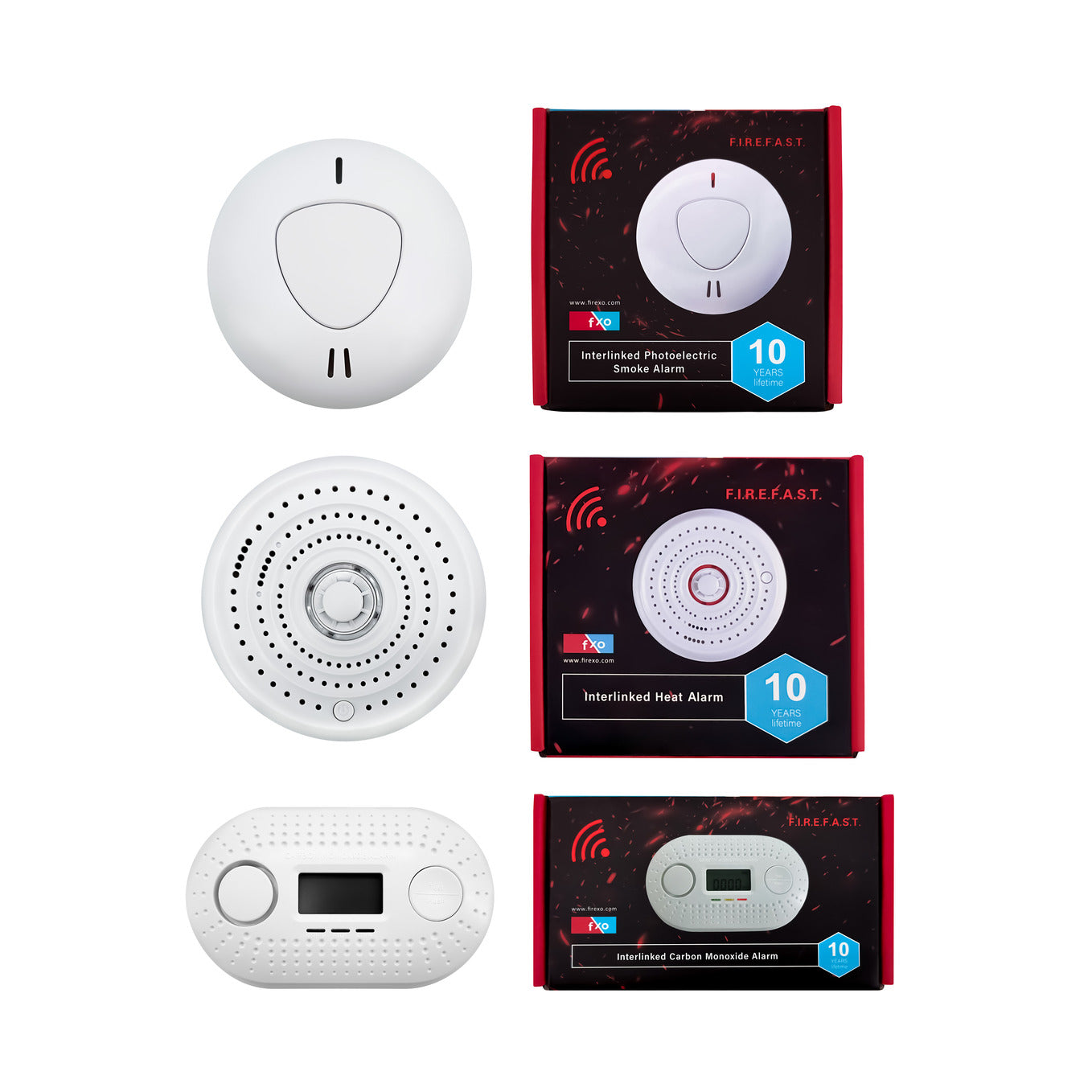 Firexo Interlinked Optical Smoke Alarm, Heat Alarm, and Carbon Monoxide Alarm Multipack all with 10 Year Tamper Proof Battery, White, Contains 1x Smoke Alarm, 1x Heat Alarm, 1x Carbon Monoxide alarm