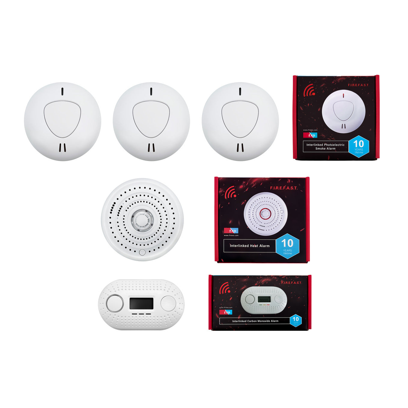 Firexo 5 Unit Interlinked Optical Smoke Alarm, Heat Alarm, and Carbon Monoxide Alarm Multipack with 10 Year Tamper Proof Battery, White. 3x Smoke Alarm, 1x Heat Alarm, 1x Carbon Monoxide alarm
